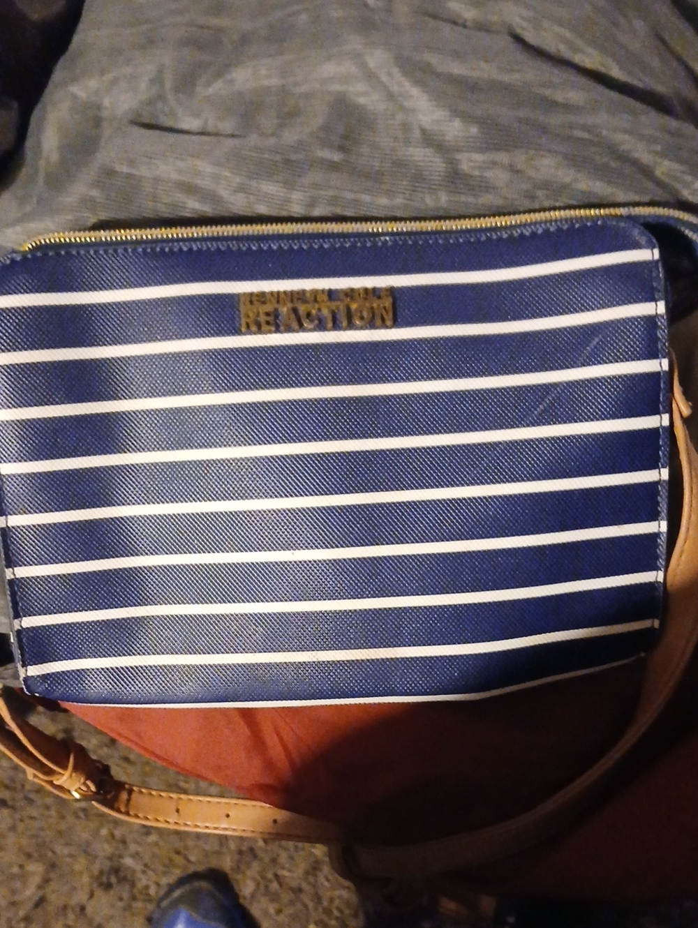 Kenneth Cole Reaction Blue and White Striped Messenger Bag with Tan Strap